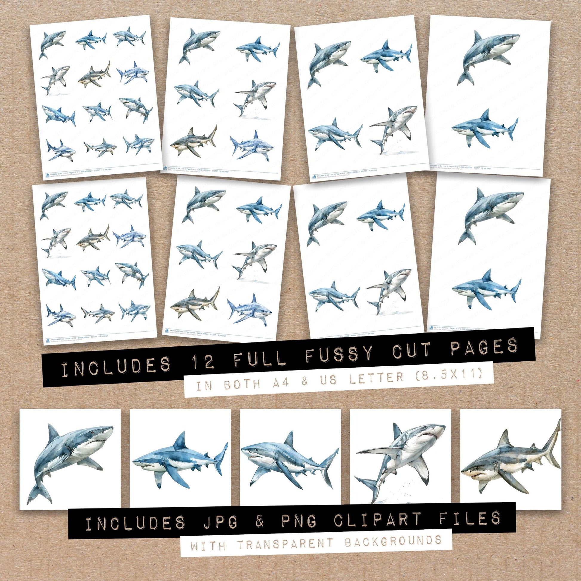 Full collection view of Watercolour Shark fussy cut sheets with bonus clipart JPG and PNG files
