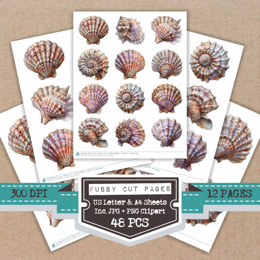 Watercolour Shell Fossil fussy cut printable sheets for junk journaling, scrapbooking, and paper craft projects
