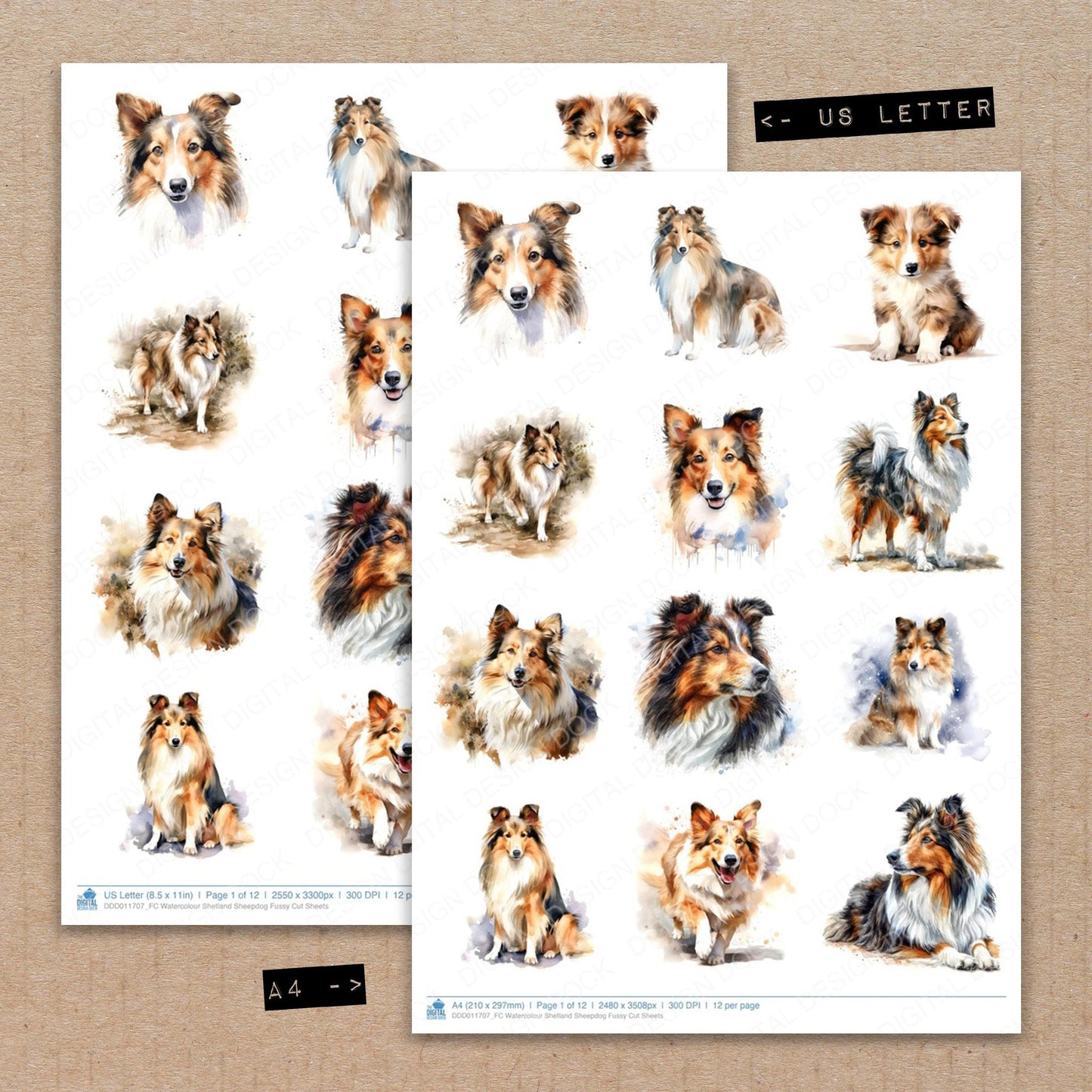 Watercolour Shetland Sheepdog Fussy Cut Sheets (DDD011707)