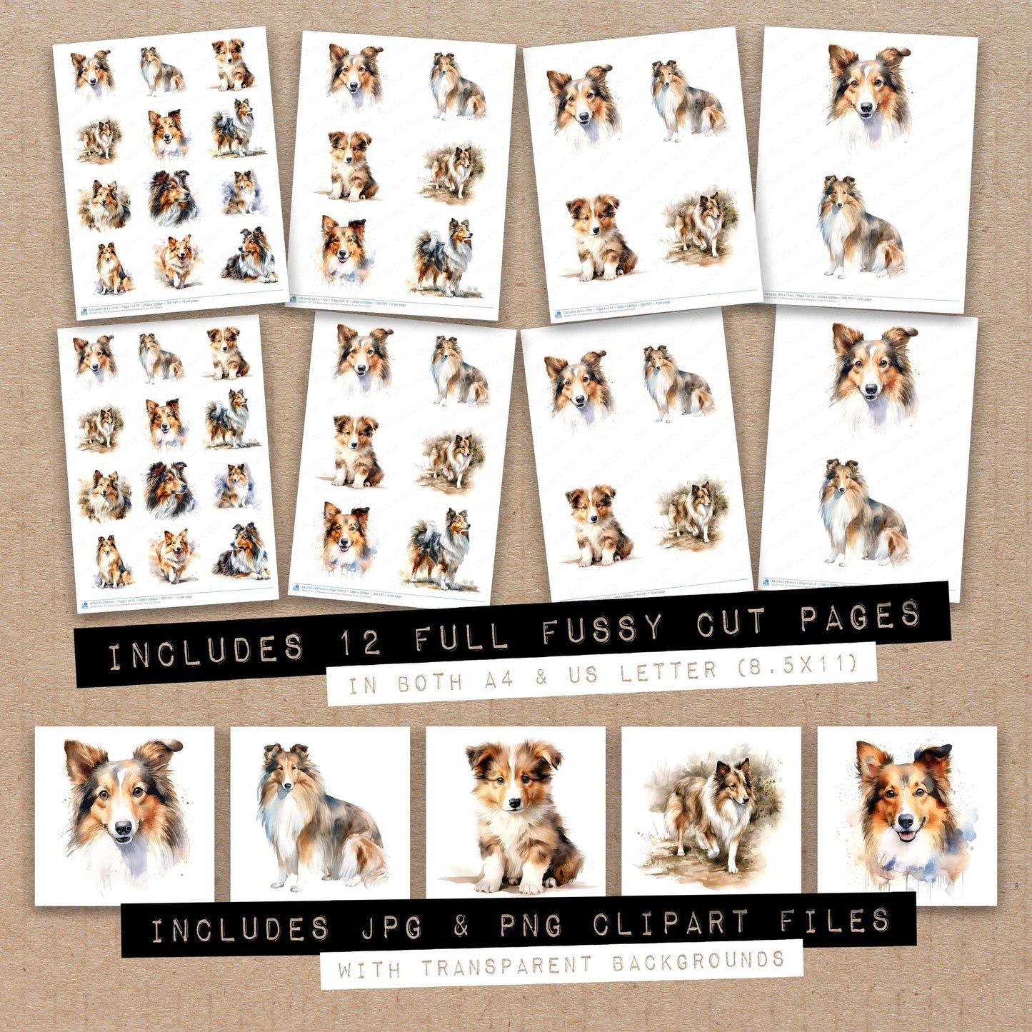 Watercolour Shetland Sheepdog Fussy Cut Sheets (DDD011707)