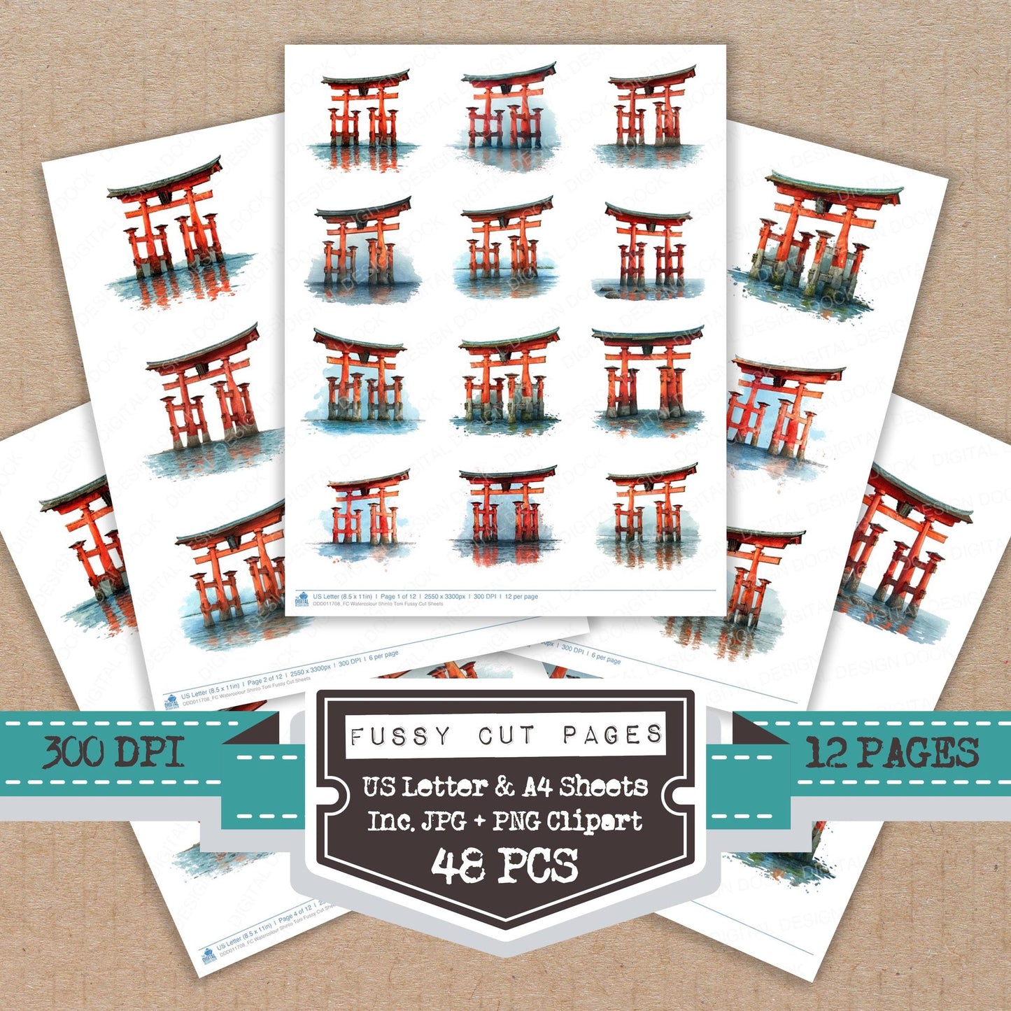 Watercolour Shinto Torii fussy cut printable sheets for junk journaling, scrapbooking, and paper craft projects