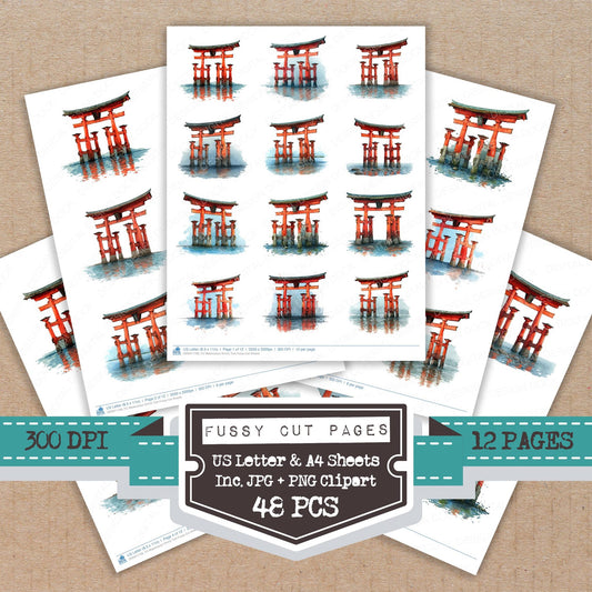Watercolour Shinto Torii fussy cut printable sheets for junk journaling, scrapbooking, and paper craft projects