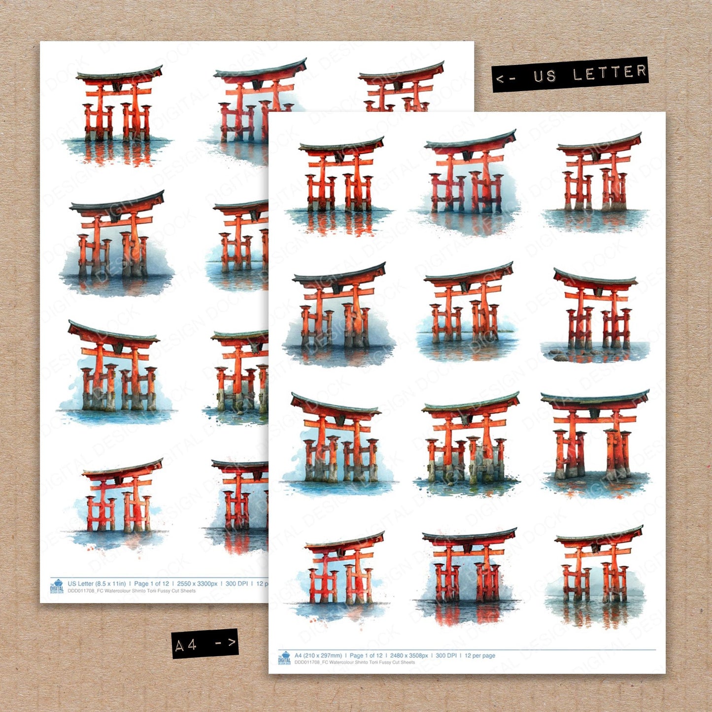 A4 and US Letter format comparison showing Watercolour Shinto Torii fussy cut pages for print and cut crafting
