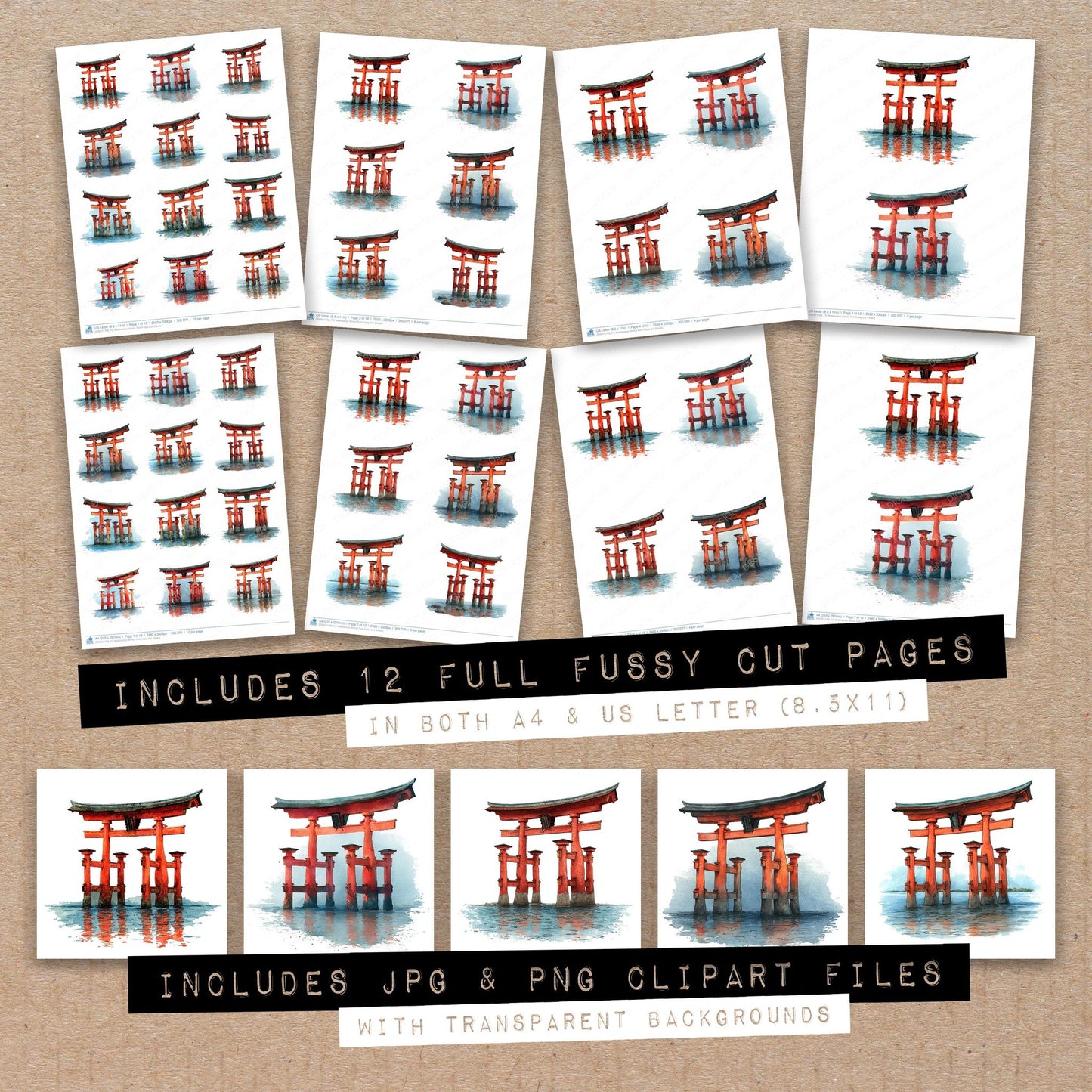 Full collection view of Watercolour Shinto Torii fussy cut sheets with bonus clipart JPG and PNG files