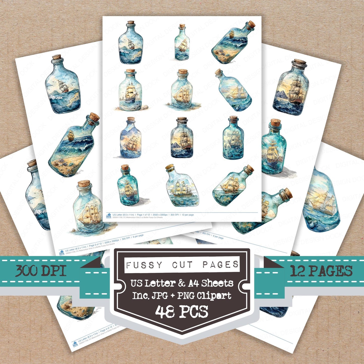 Watercolour Ship in a Bottle fussy cut printable sheets for junk journaling, scrapbooking, and paper craft projects