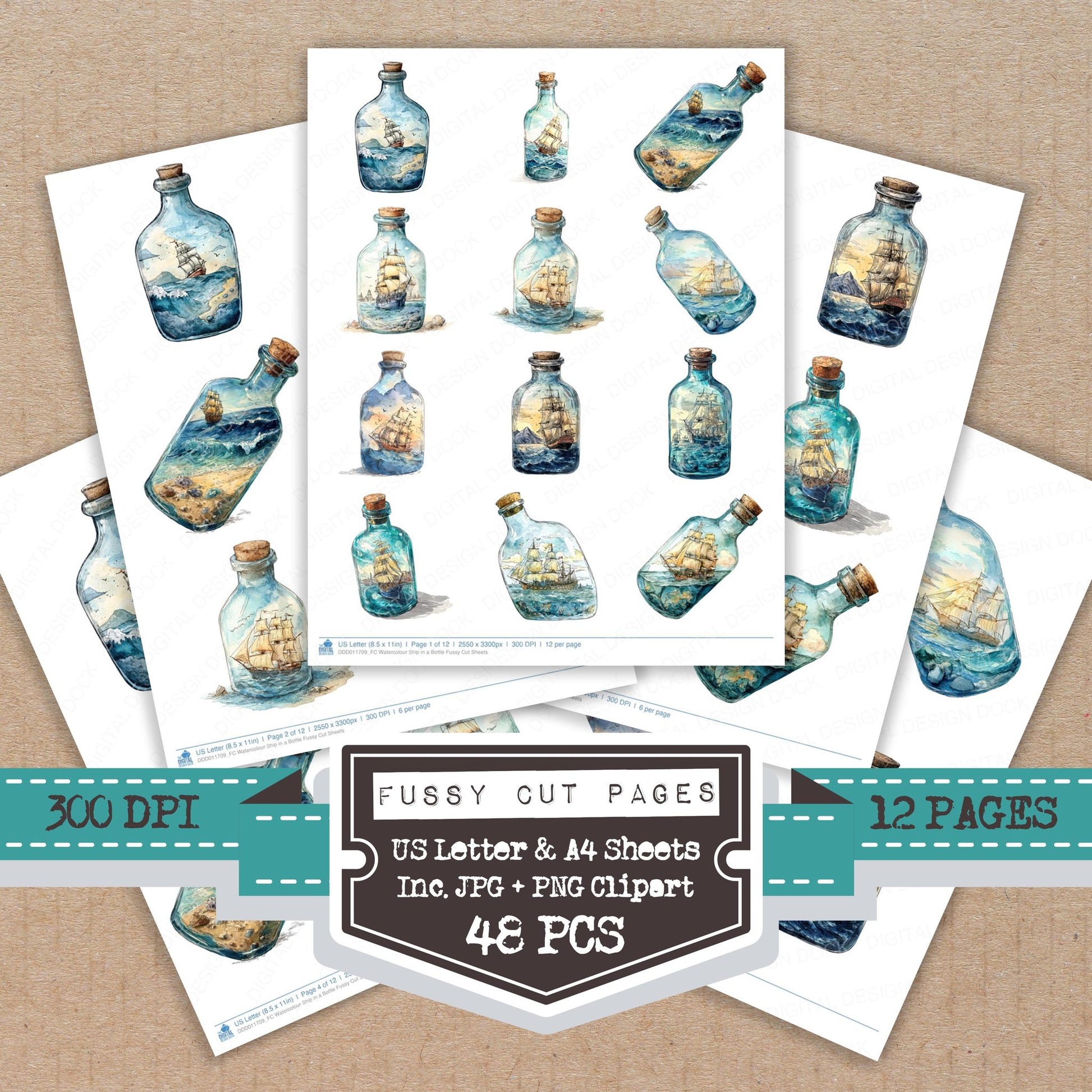 Watercolour Ship in a Bottle fussy cut printable sheets for junk journaling, scrapbooking, and paper craft projects