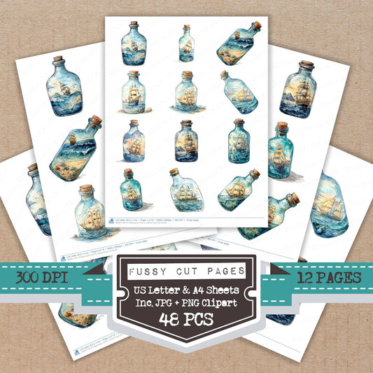 Watercolour Ship in a Bottle fussy cut printable sheets for junk journaling, scrapbooking, and paper craft projects