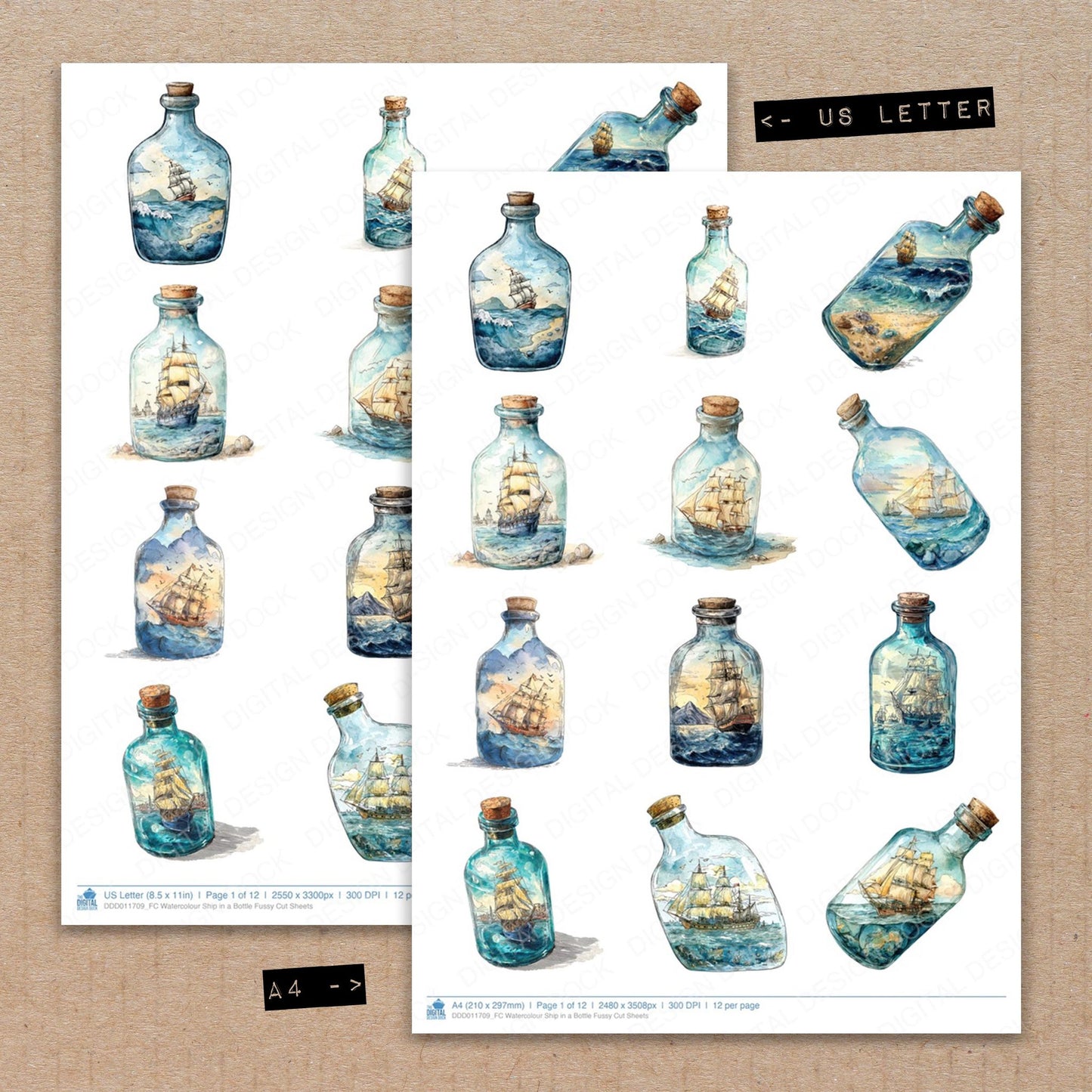 A4 and US Letter format comparison showing Watercolour Ship in a Bottle fussy cut pages for print and cut crafting