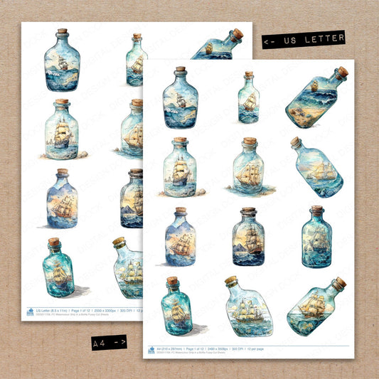 A4 and US Letter format comparison showing Watercolour Ship in a Bottle fussy cut pages for print and cut crafting
