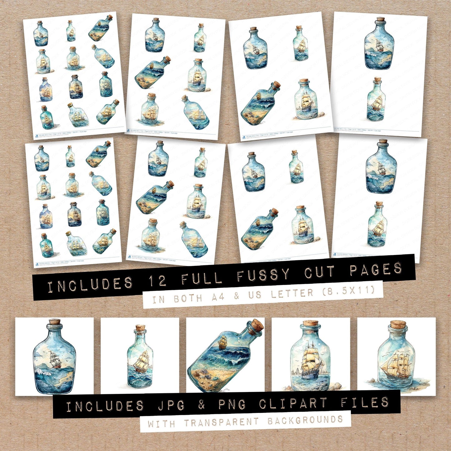 Full collection view of Watercolour Ship in a Bottle fussy cut sheets with bonus clipart JPG and PNG files