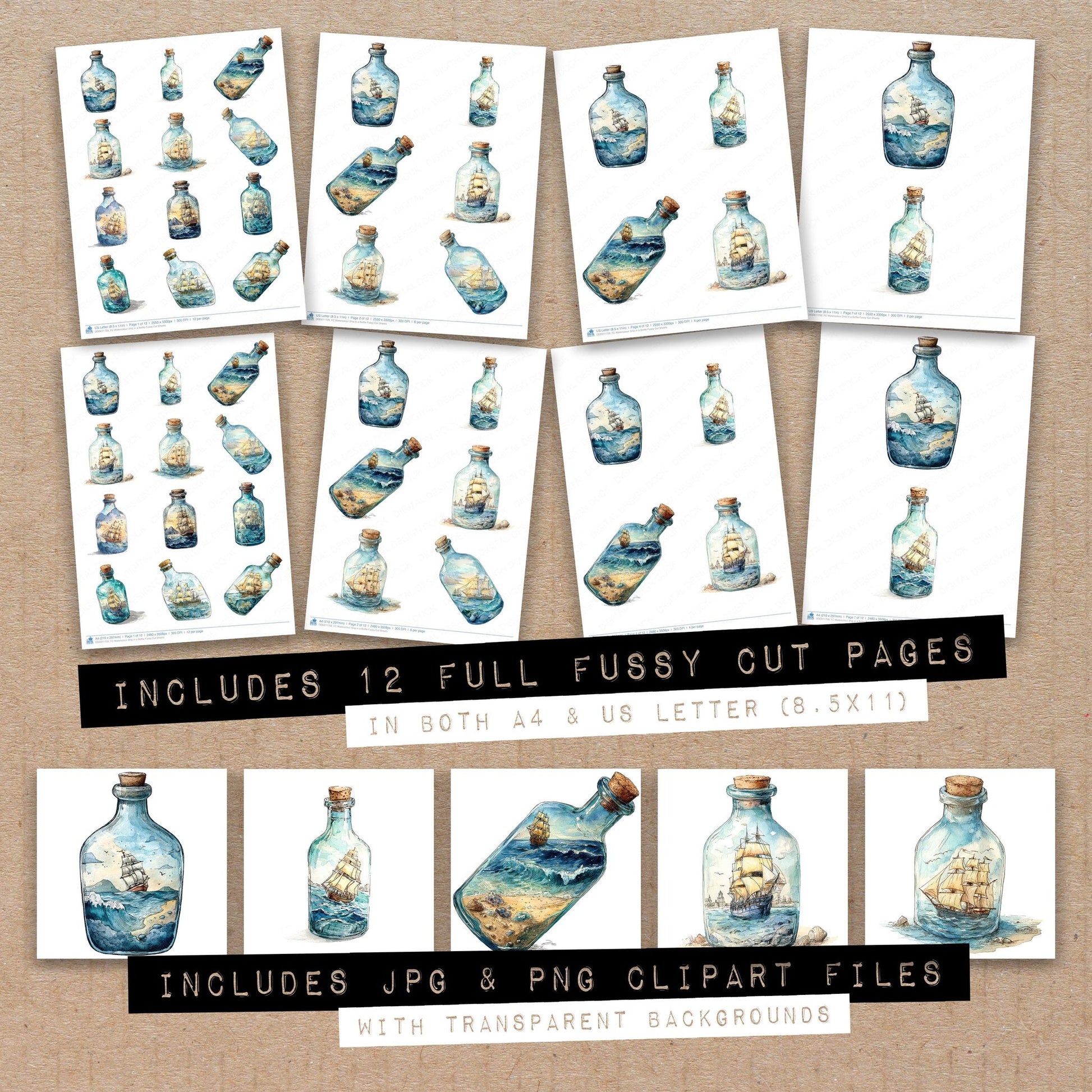 Full collection view of Watercolour Ship in a Bottle fussy cut sheets with bonus clipart JPG and PNG files