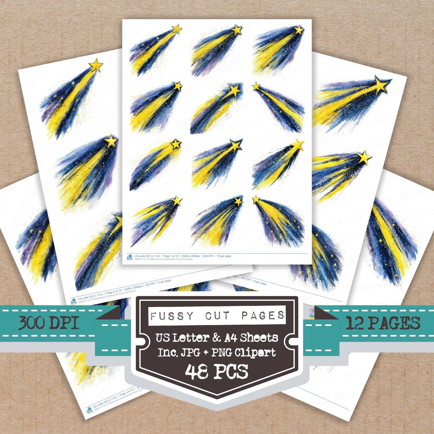 Watercolour Shooting Star fussy cut printable sheets for junk journaling, scrapbooking, and paper craft projects