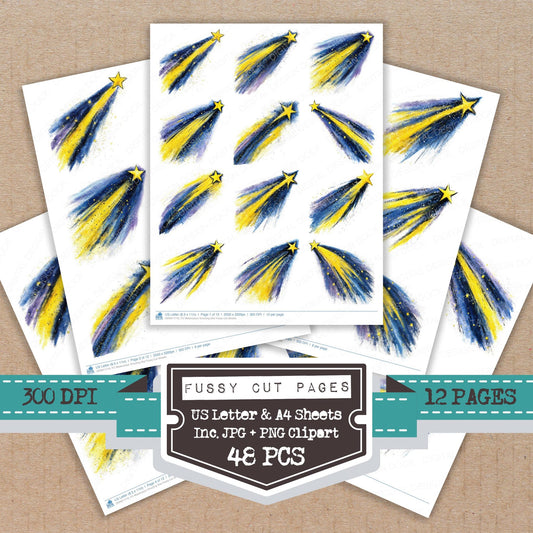 Watercolour Shooting Star fussy cut printable sheets for junk journaling, scrapbooking, and paper craft projects