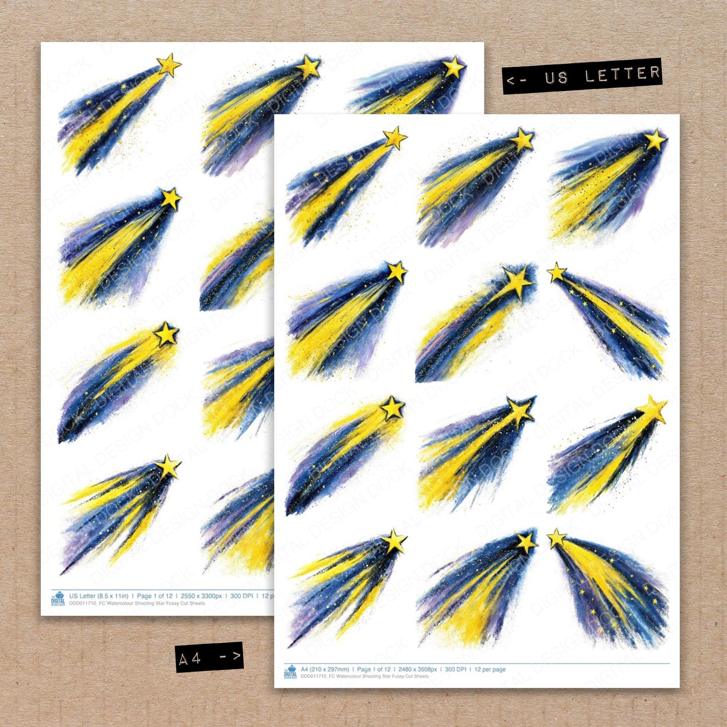 A4 and US Letter format comparison showing Watercolour Shooting Star fussy cut pages for print and cut crafting