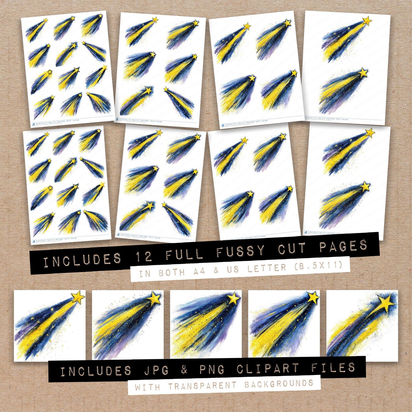 Full collection view of Watercolour Shooting Star fussy cut sheets with bonus clipart JPG and PNG files