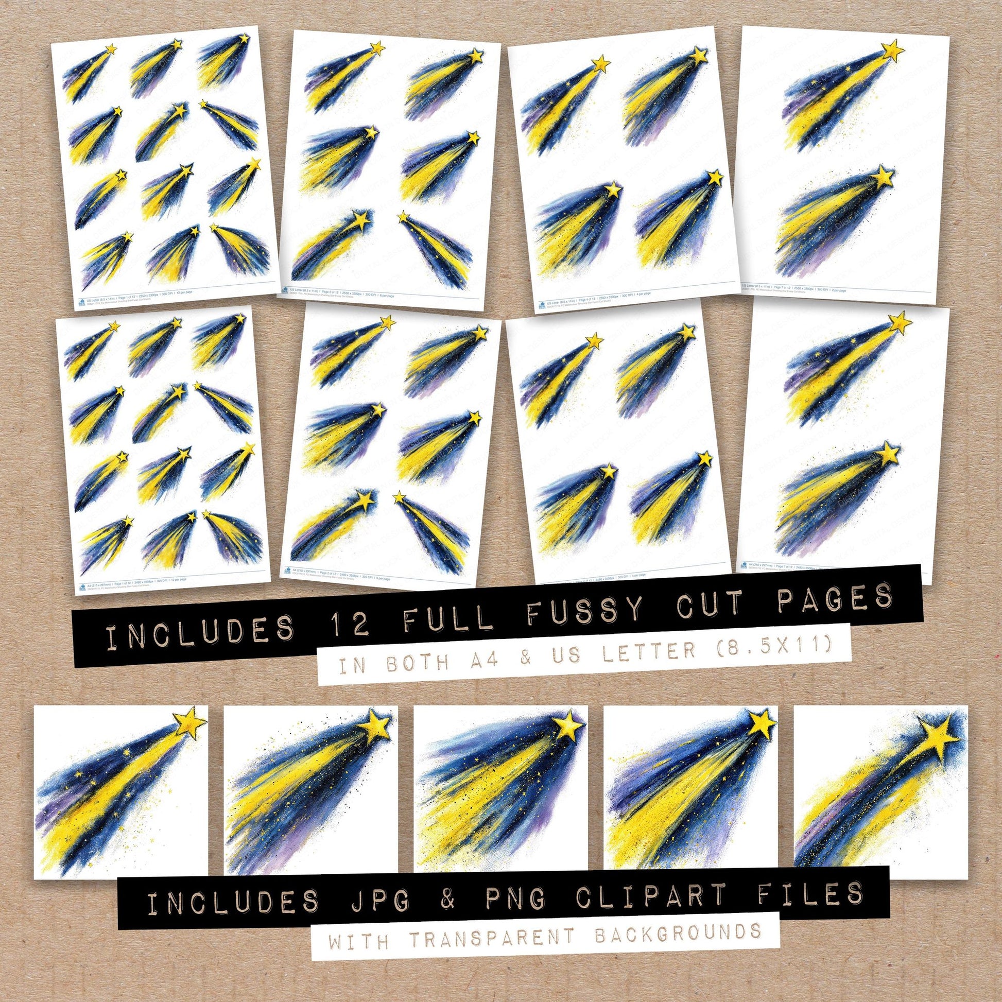 Full collection view of Watercolour Shooting Star fussy cut sheets with bonus clipart JPG and PNG files