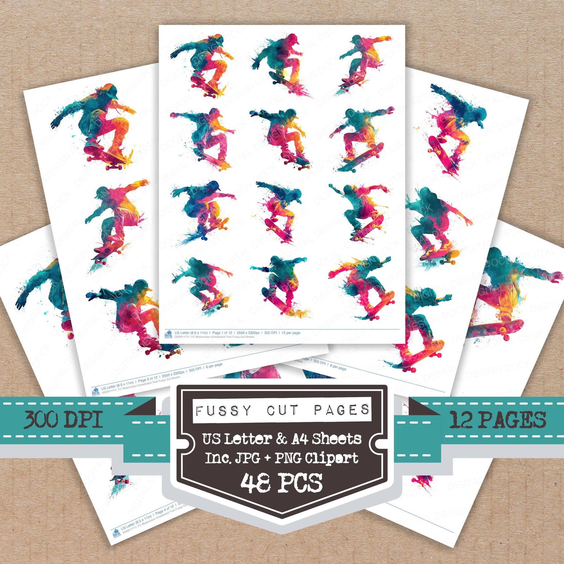 Watercolour Skateboard Trick fussy cut printable sheets for junk journaling, scrapbooking, and paper craft projects