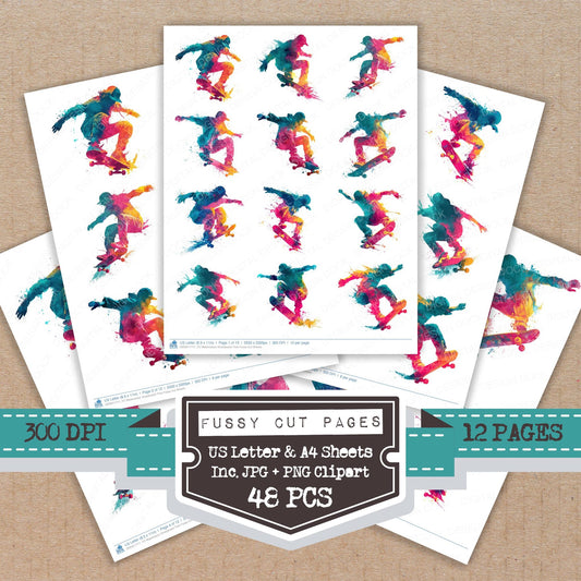 Watercolour Skateboard Trick fussy cut printable sheets for junk journaling, scrapbooking, and paper craft projects