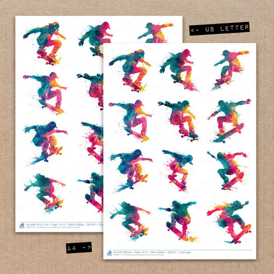 A4 and US Letter format comparison showing Watercolour Skateboard Trick fussy cut pages for print and cut crafting