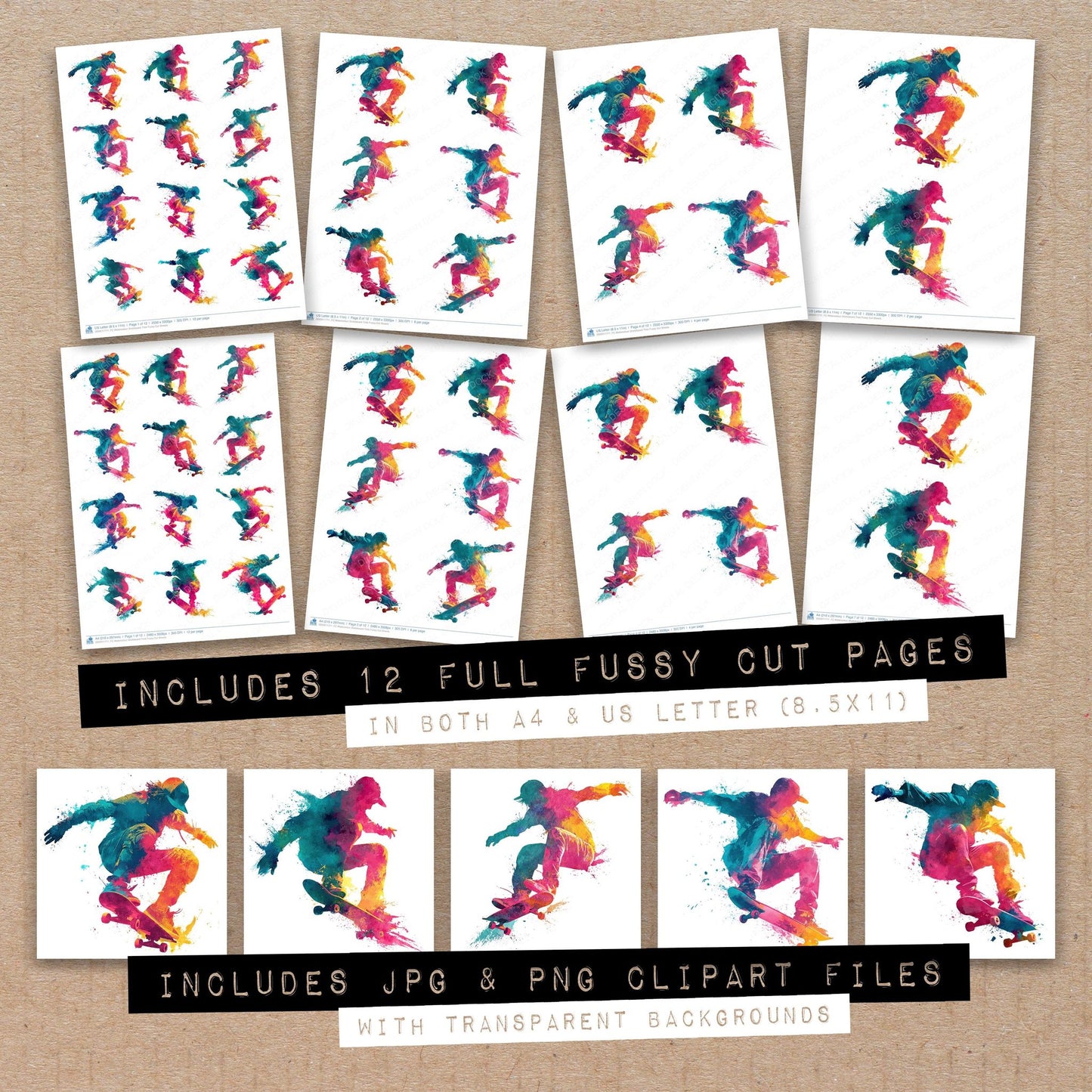 Full collection view of Watercolour Skateboard Trick fussy cut sheets with bonus clipart JPG and PNG files