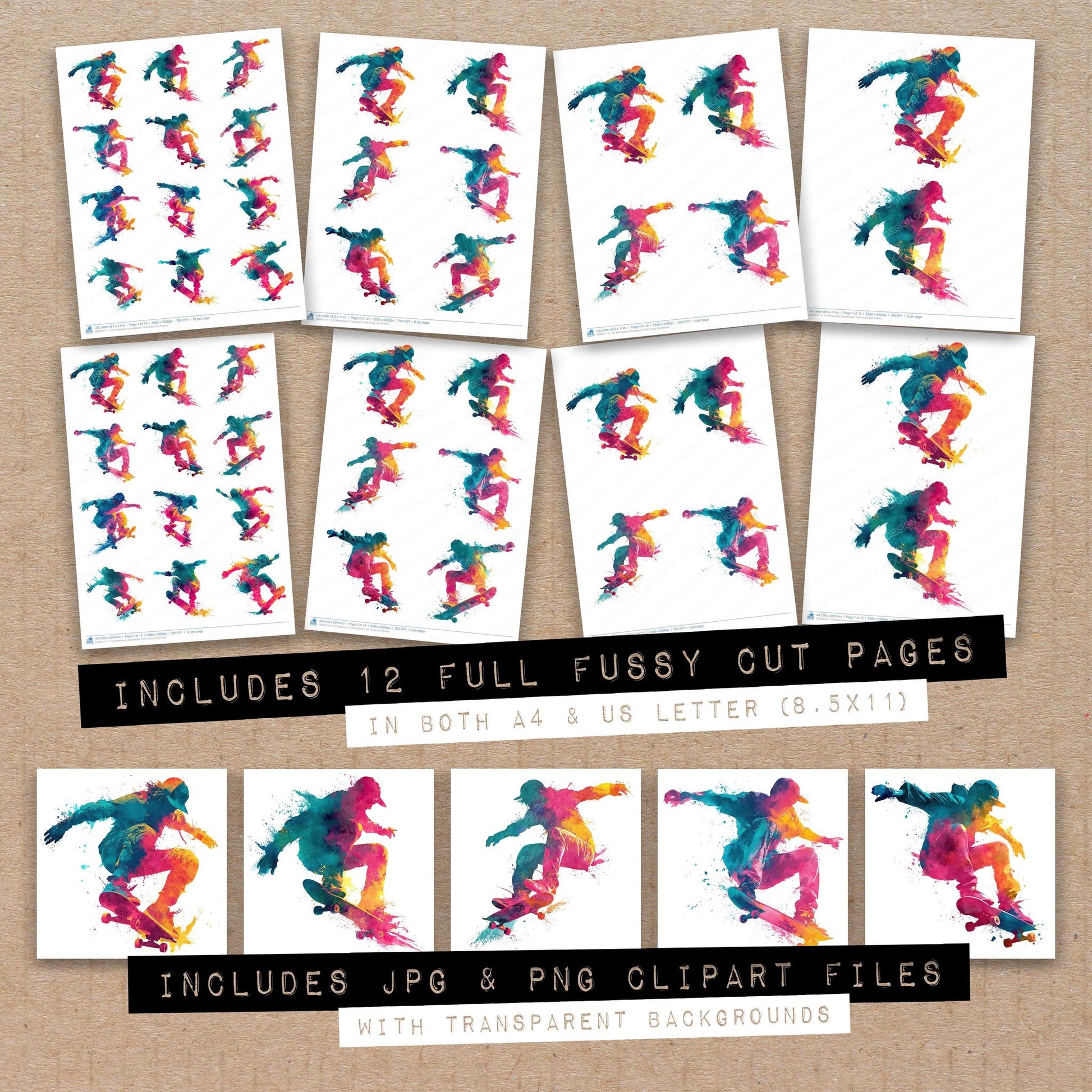Full collection view of Watercolour Skateboard Trick fussy cut sheets with bonus clipart JPG and PNG files
