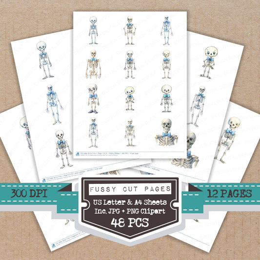Watercolour Skeleton Bow Tie fussy cut printable sheets for junk journaling, scrapbooking, and paper craft projects