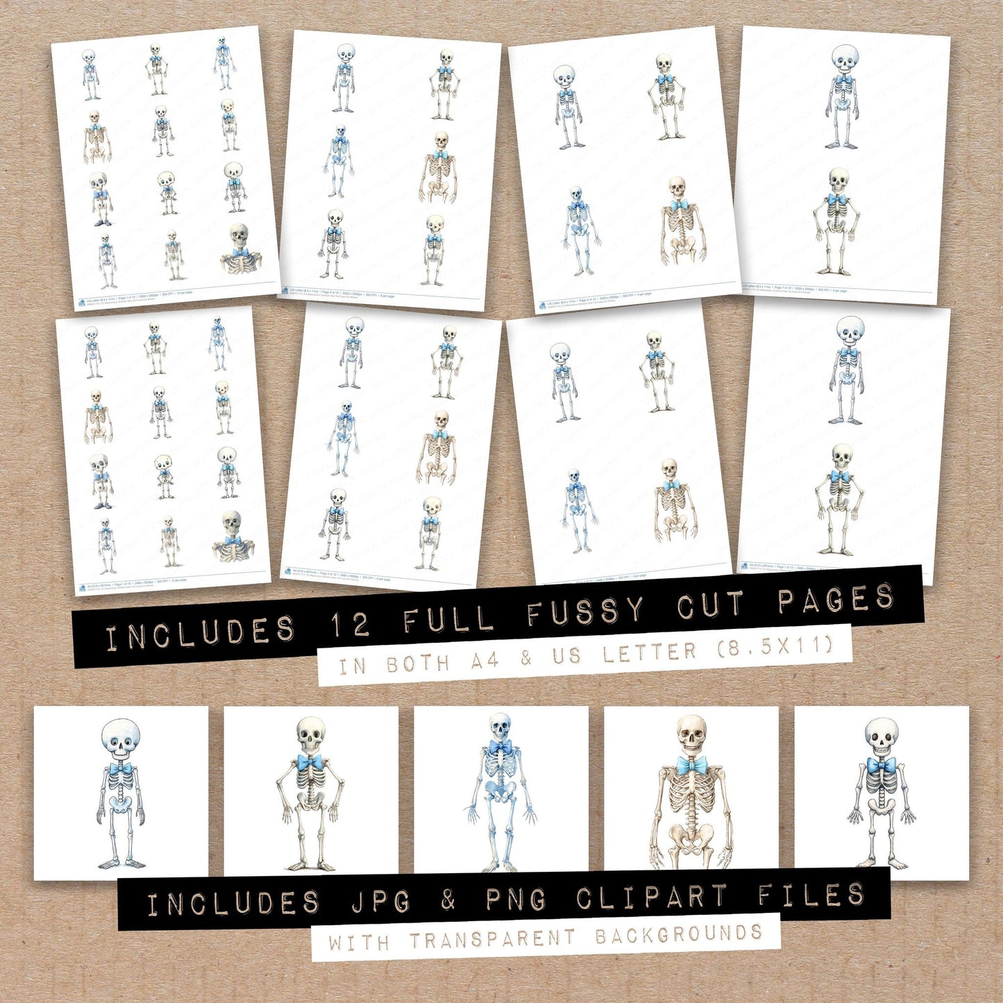 Full collection view of Watercolour Skeleton Bow Tie fussy cut sheets with bonus clipart JPG and PNG files