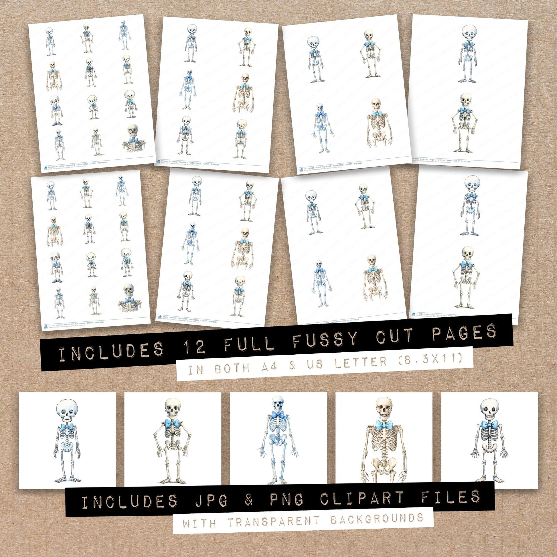 Full collection view of Watercolour Skeleton Bow Tie fussy cut sheets with bonus clipart JPG and PNG files