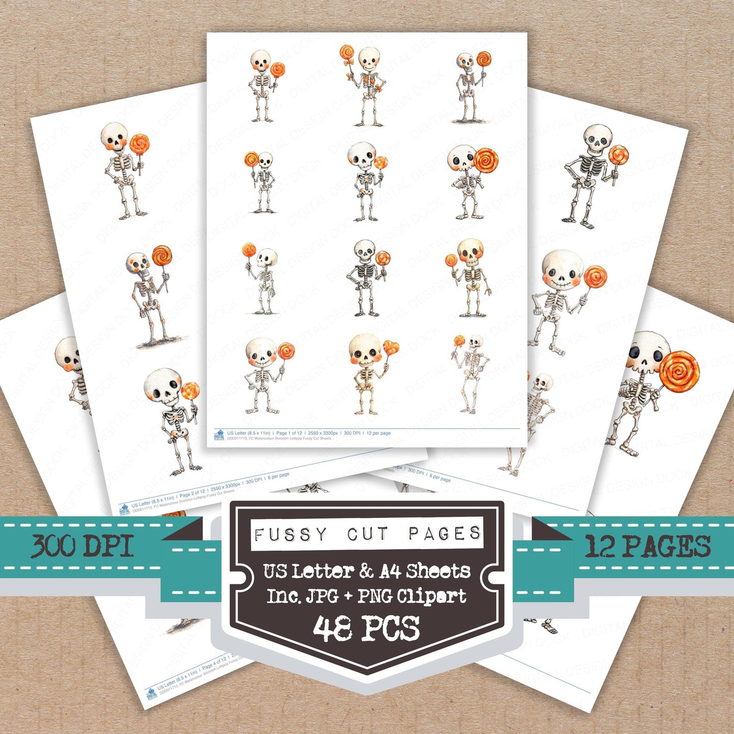 Watercolour Skeleton Lollipop fussy cut printable sheets for junk journaling, scrapbooking, and paper craft projects