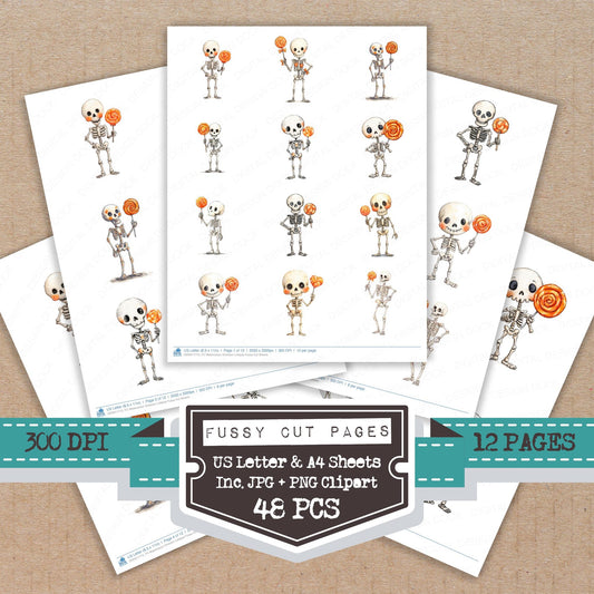 Watercolour Skeleton Lollipop fussy cut printable sheets for junk journaling, scrapbooking, and paper craft projects