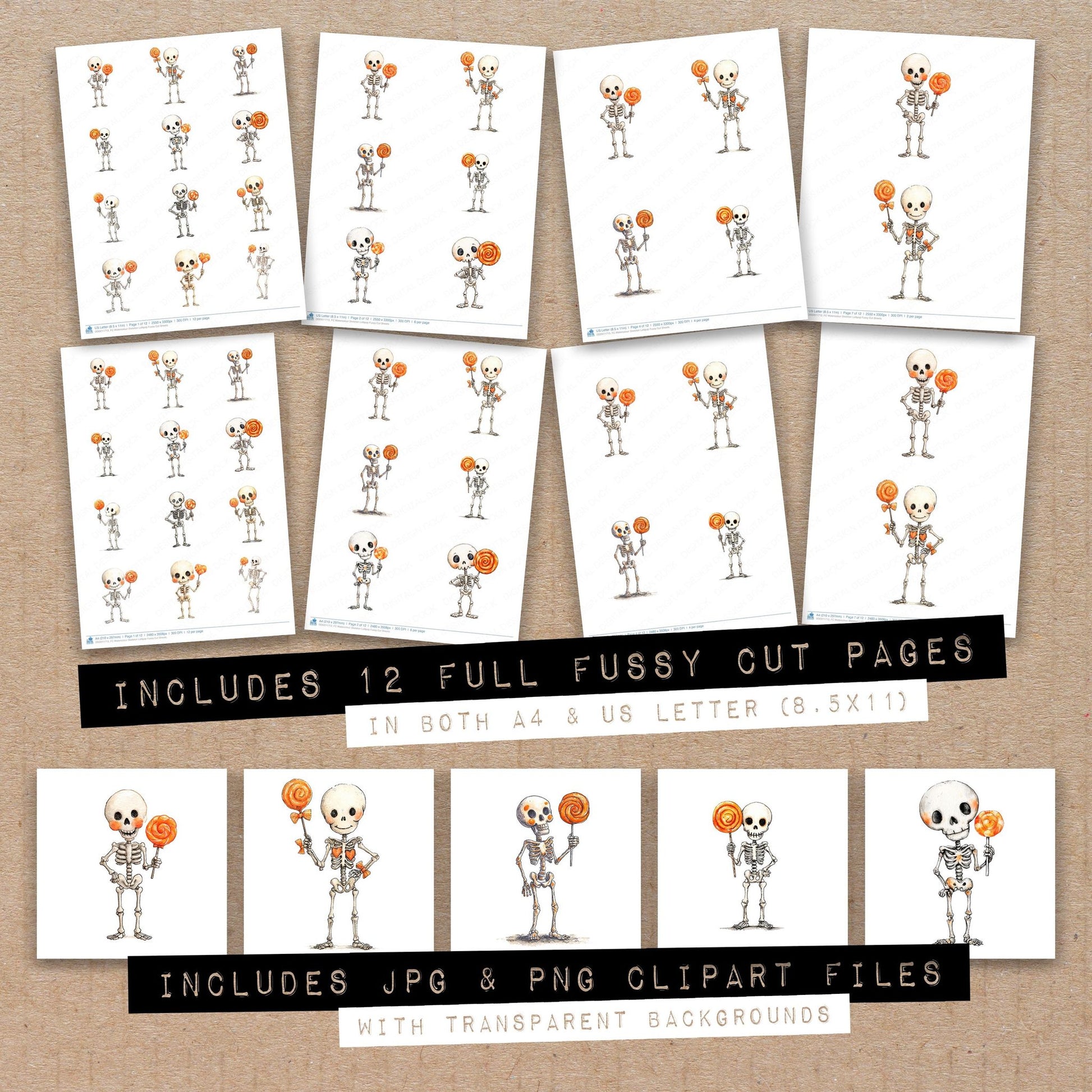 Full collection view of Watercolour Skeleton Lollipop fussy cut sheets with bonus clipart JPG and PNG files