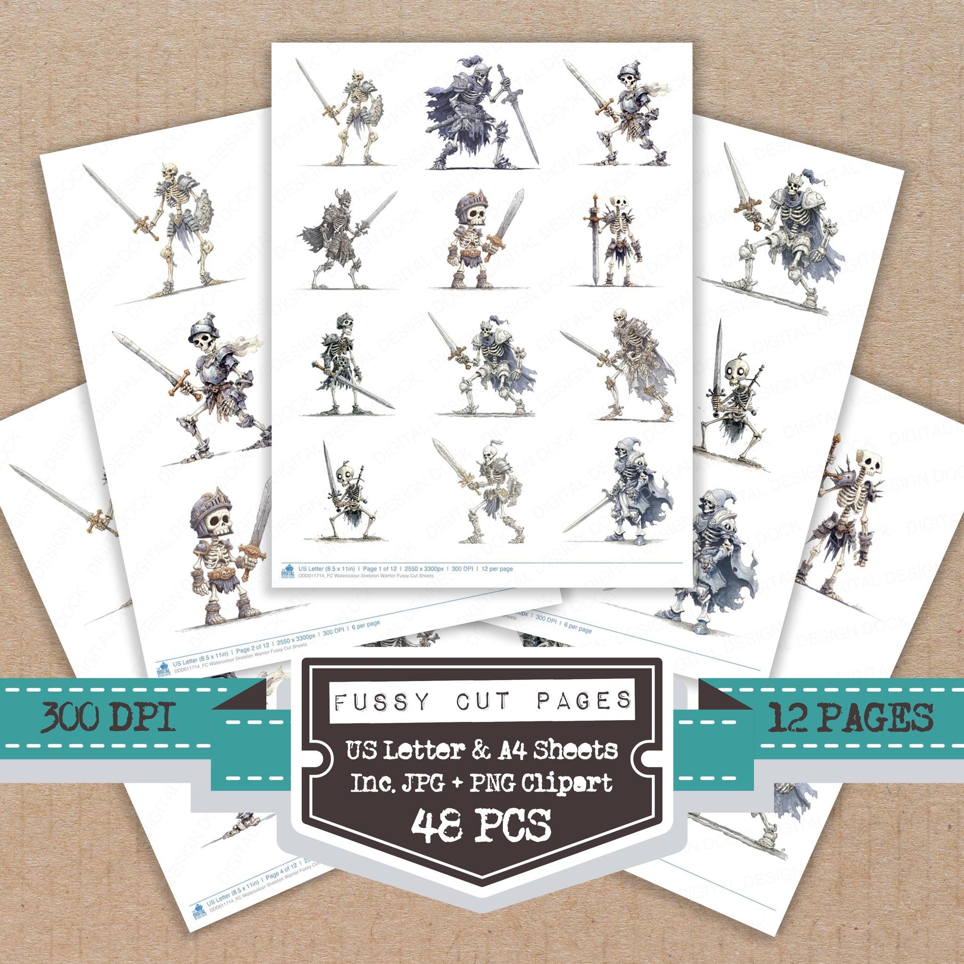 Watercolour Skeleton Warrior fussy cut printable sheets for junk journaling, scrapbooking, and paper craft projects