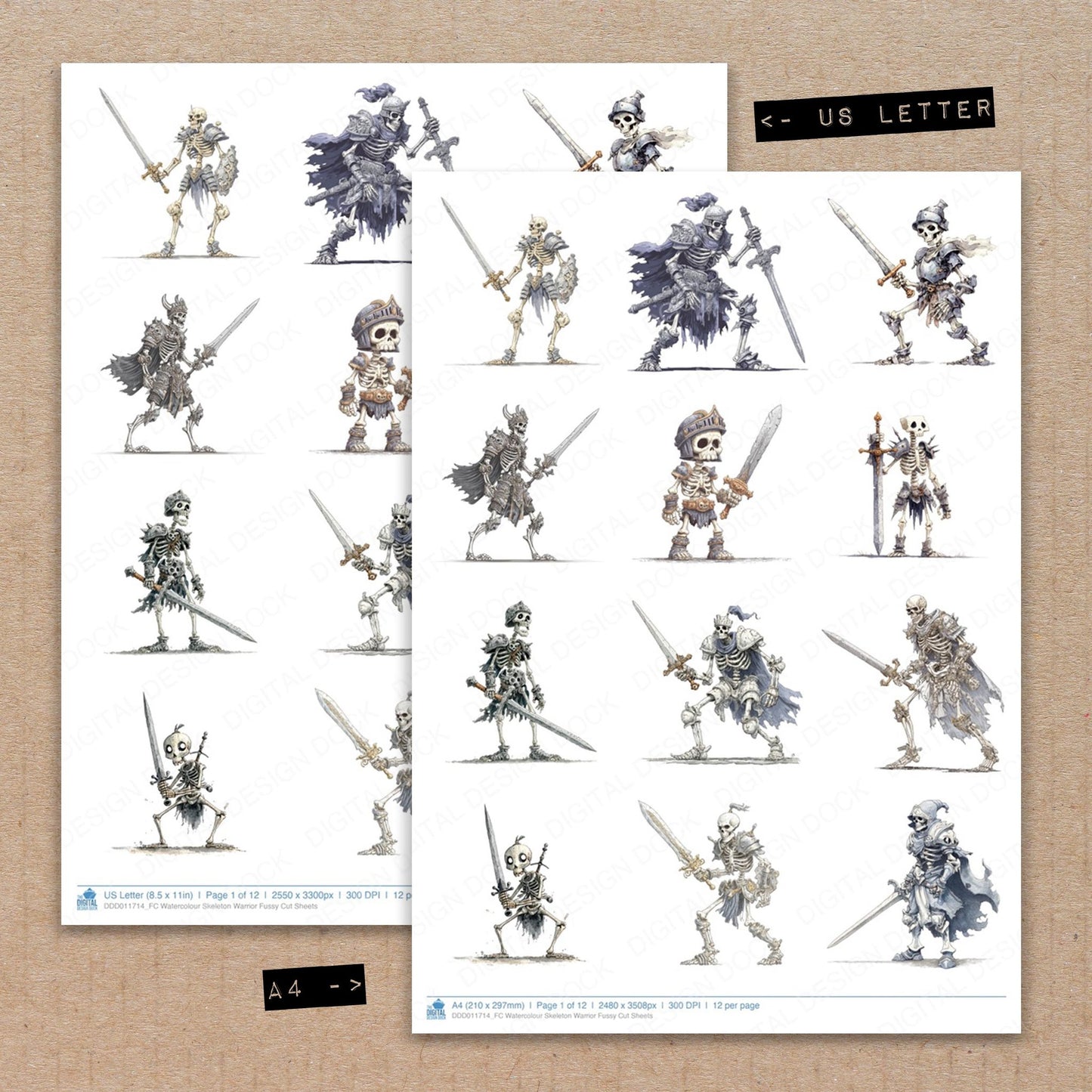 A4 and US Letter format comparison showing Watercolour Skeleton Warrior fussy cut pages for print and cut crafting