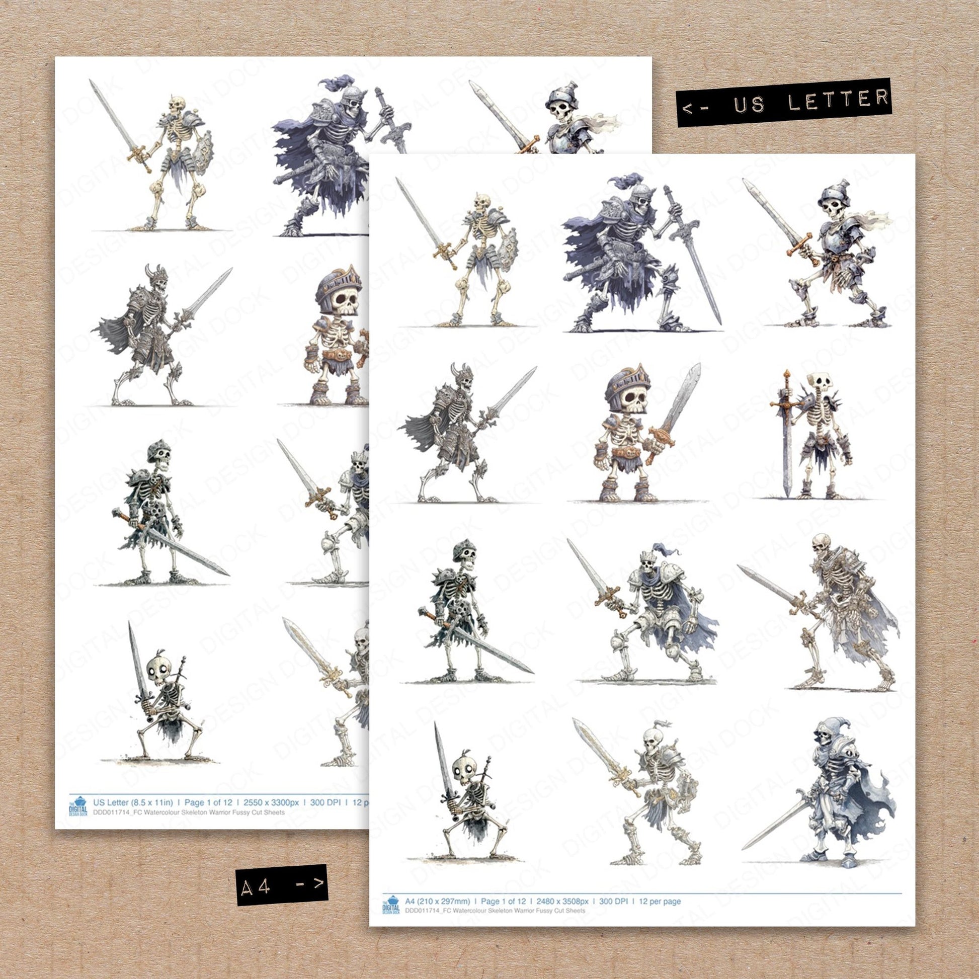 A4 and US Letter format comparison showing Watercolour Skeleton Warrior fussy cut pages for print and cut crafting