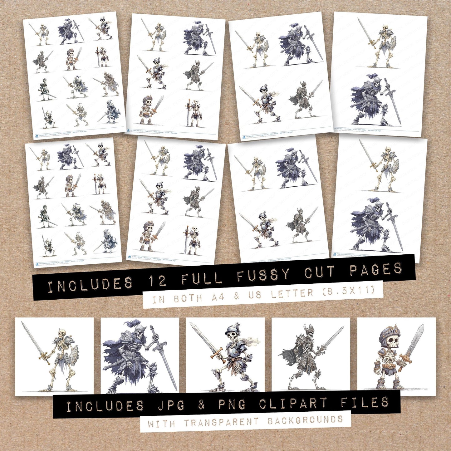 Full collection view of Watercolour Skeleton Warrior fussy cut sheets with bonus clipart JPG and PNG files