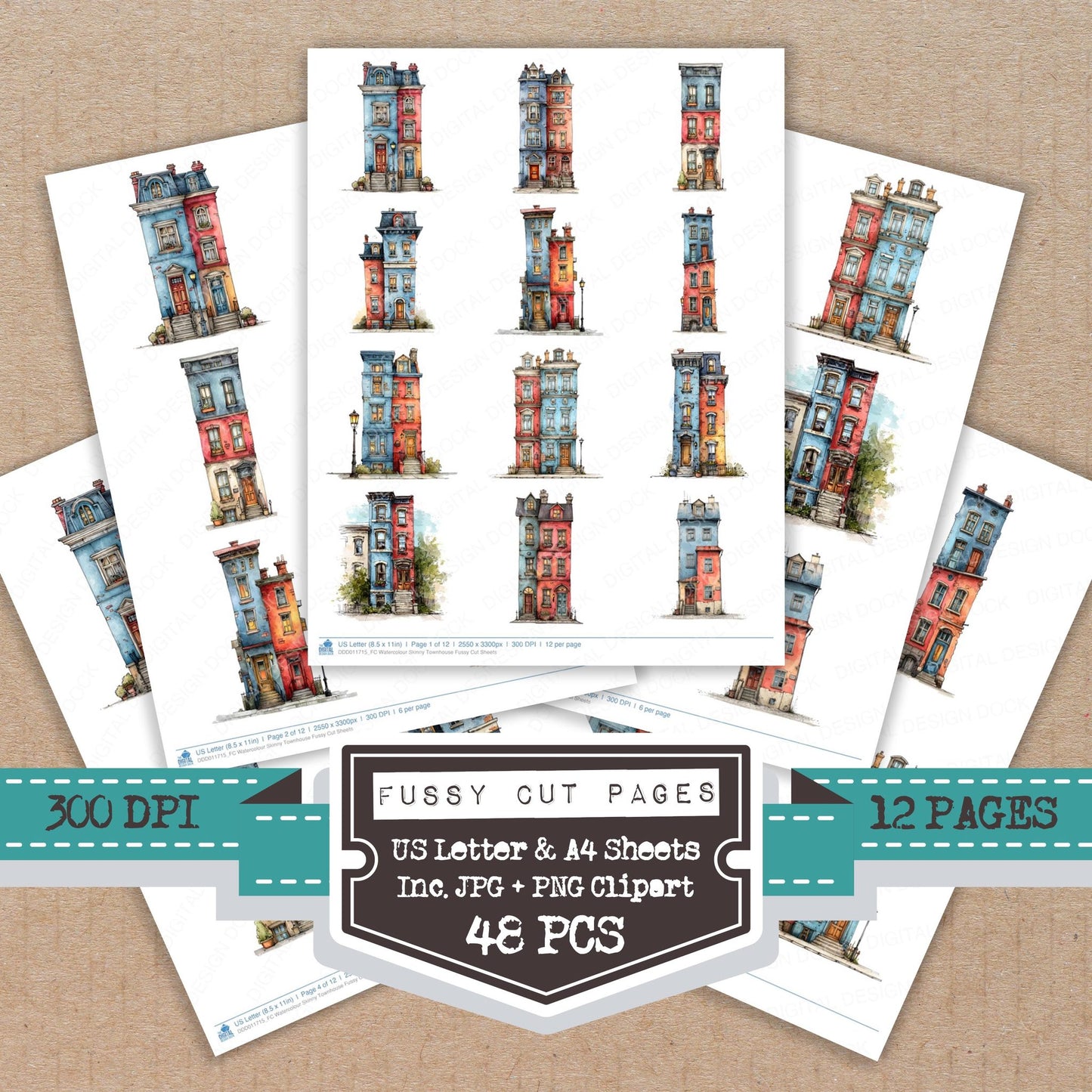 Watercolour Skinny Townhouse fussy cut printable sheets for junk journaling, scrapbooking, and paper craft projects