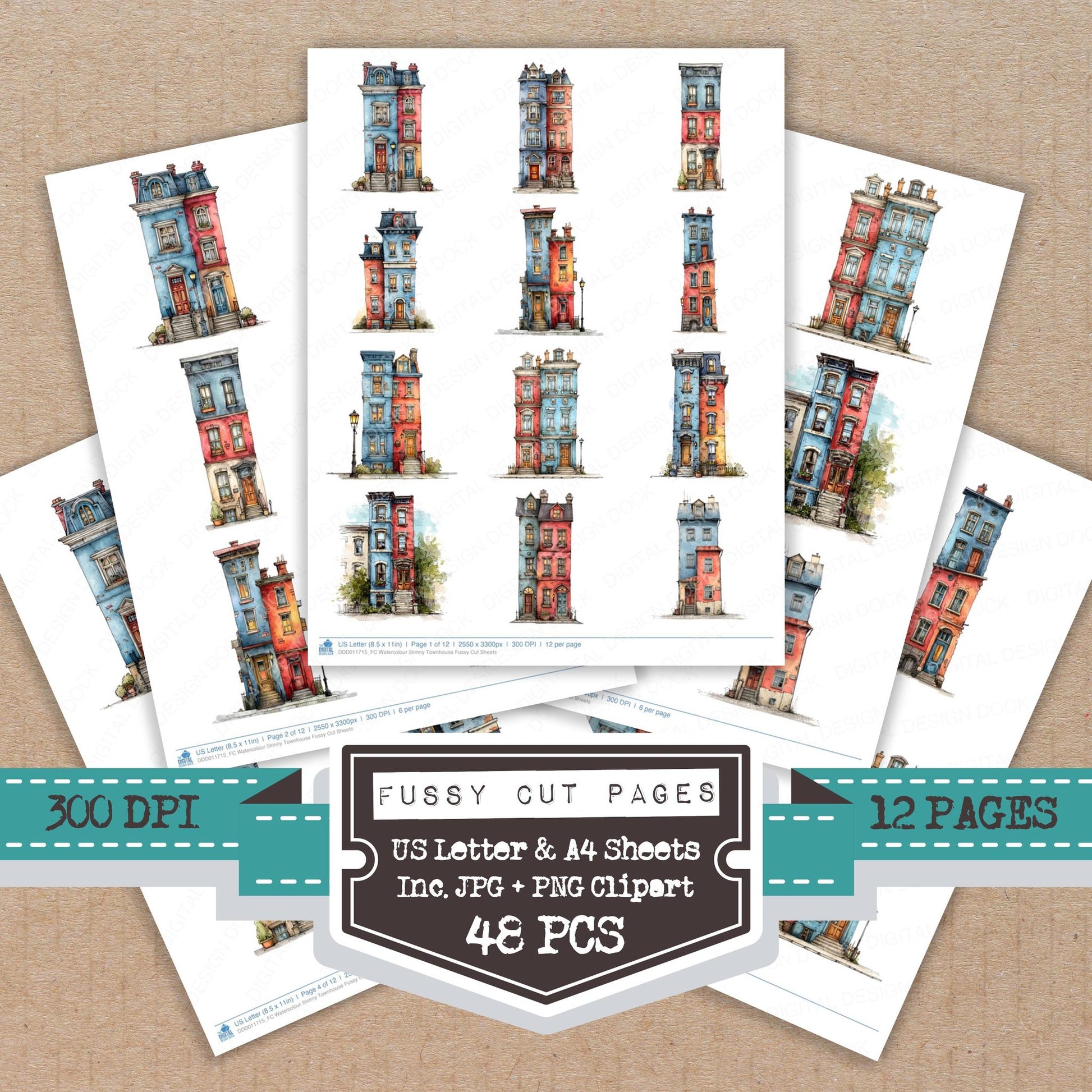 Watercolour Skinny Townhouse fussy cut printable sheets for junk journaling, scrapbooking, and paper craft projects