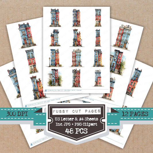 Watercolour Skinny Townhouse fussy cut printable sheets for junk journaling, scrapbooking, and paper craft projects