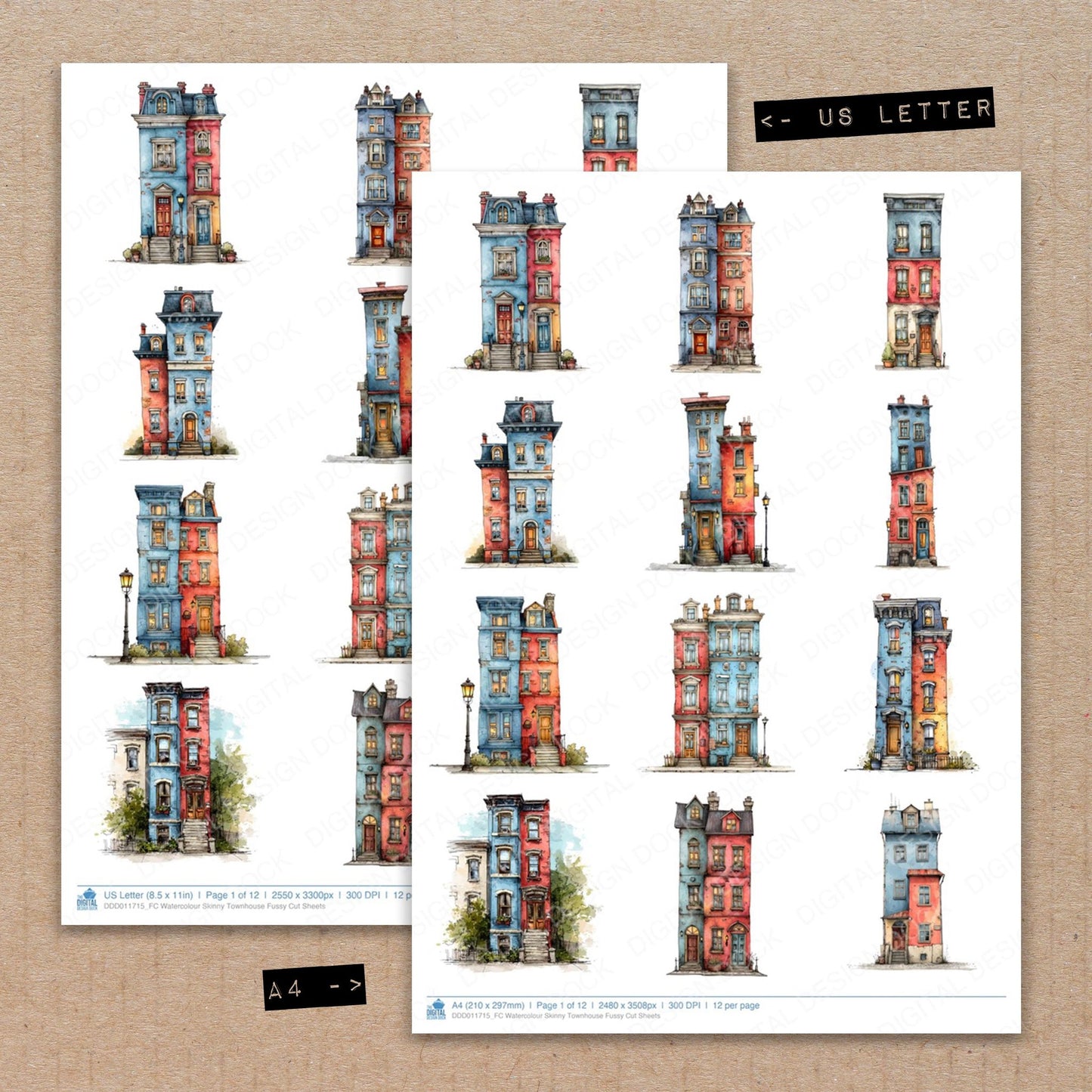 A4 and US Letter format comparison showing Watercolour Skinny Townhouse fussy cut pages for print and cut crafting