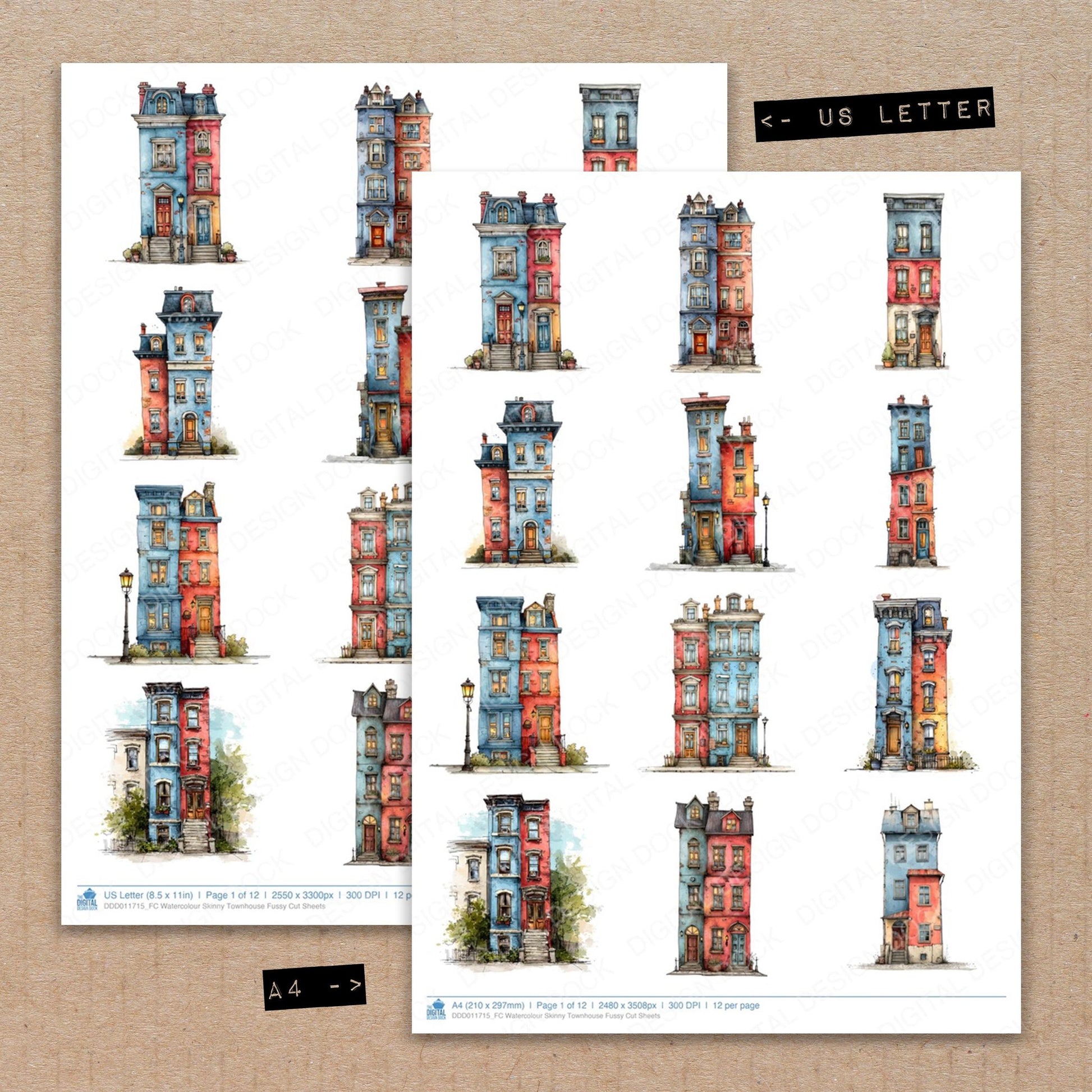 A4 and US Letter format comparison showing Watercolour Skinny Townhouse fussy cut pages for print and cut crafting