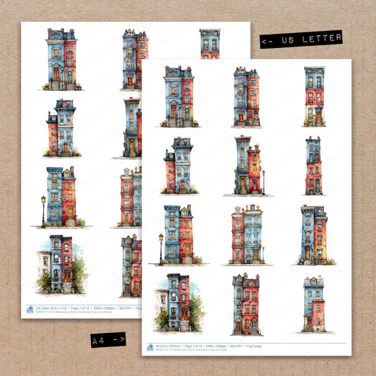 A4 and US Letter format comparison showing Watercolour Skinny Townhouse fussy cut pages for print and cut crafting