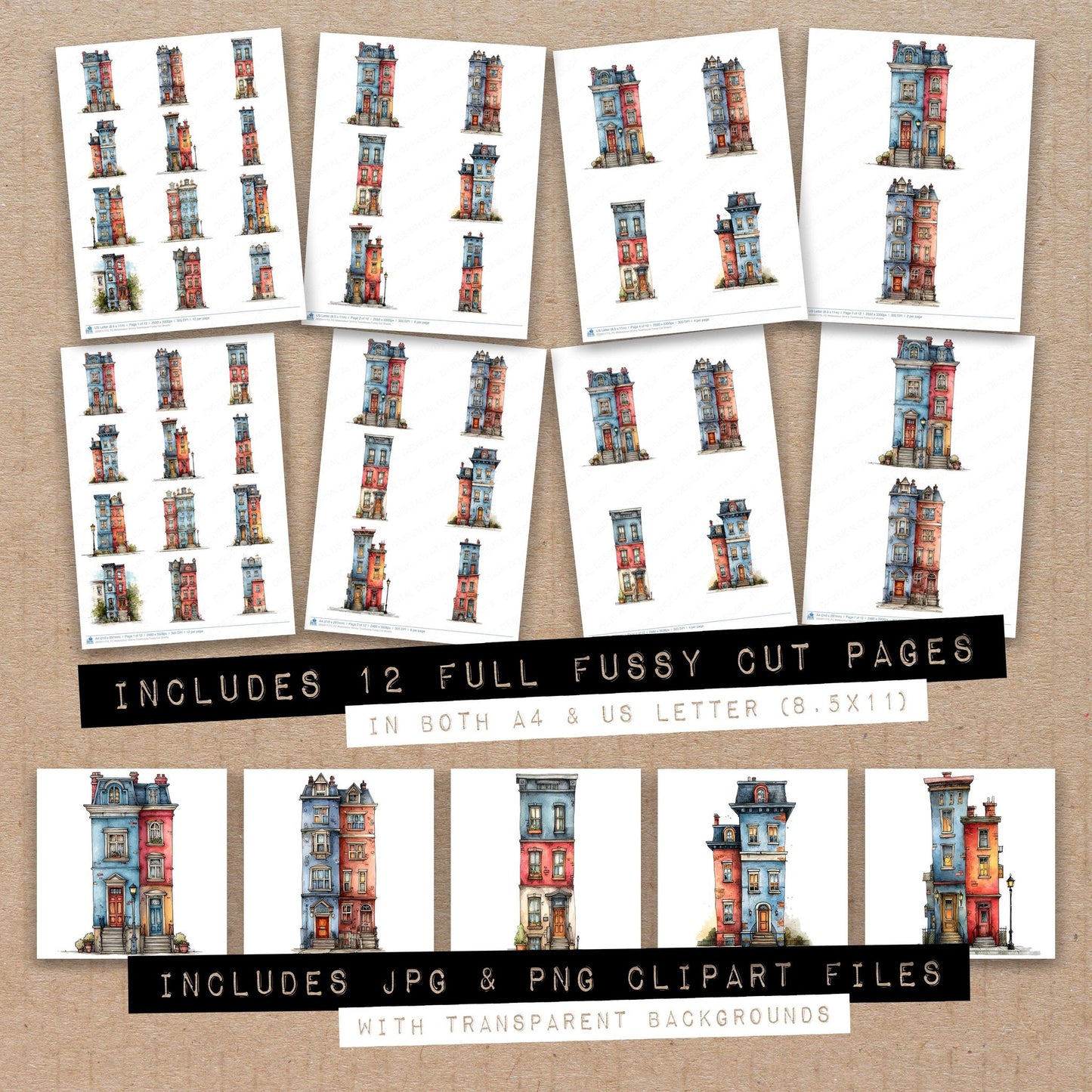 Full collection view of Watercolour Skinny Townhouse fussy cut sheets with bonus clipart JPG and PNG files