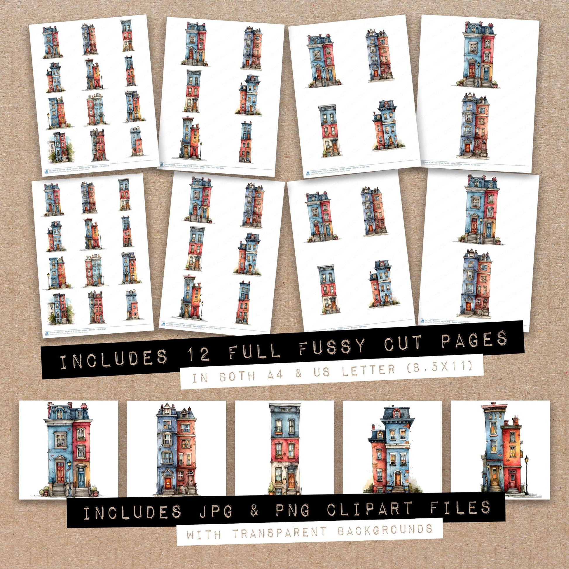Full collection view of Watercolour Skinny Townhouse fussy cut sheets with bonus clipart JPG and PNG files