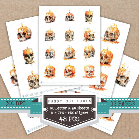Watercolour Skull Candle fussy cut printable sheets for junk journaling, scrapbooking, and paper craft projects