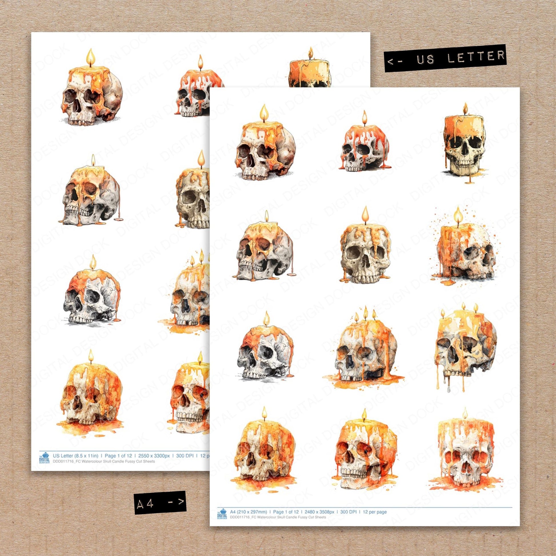A4 and US Letter format comparison showing Watercolour Skull Candle fussy cut pages for print and cut crafting