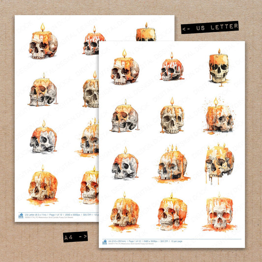 A4 and US Letter format comparison showing Watercolour Skull Candle fussy cut pages for print and cut crafting