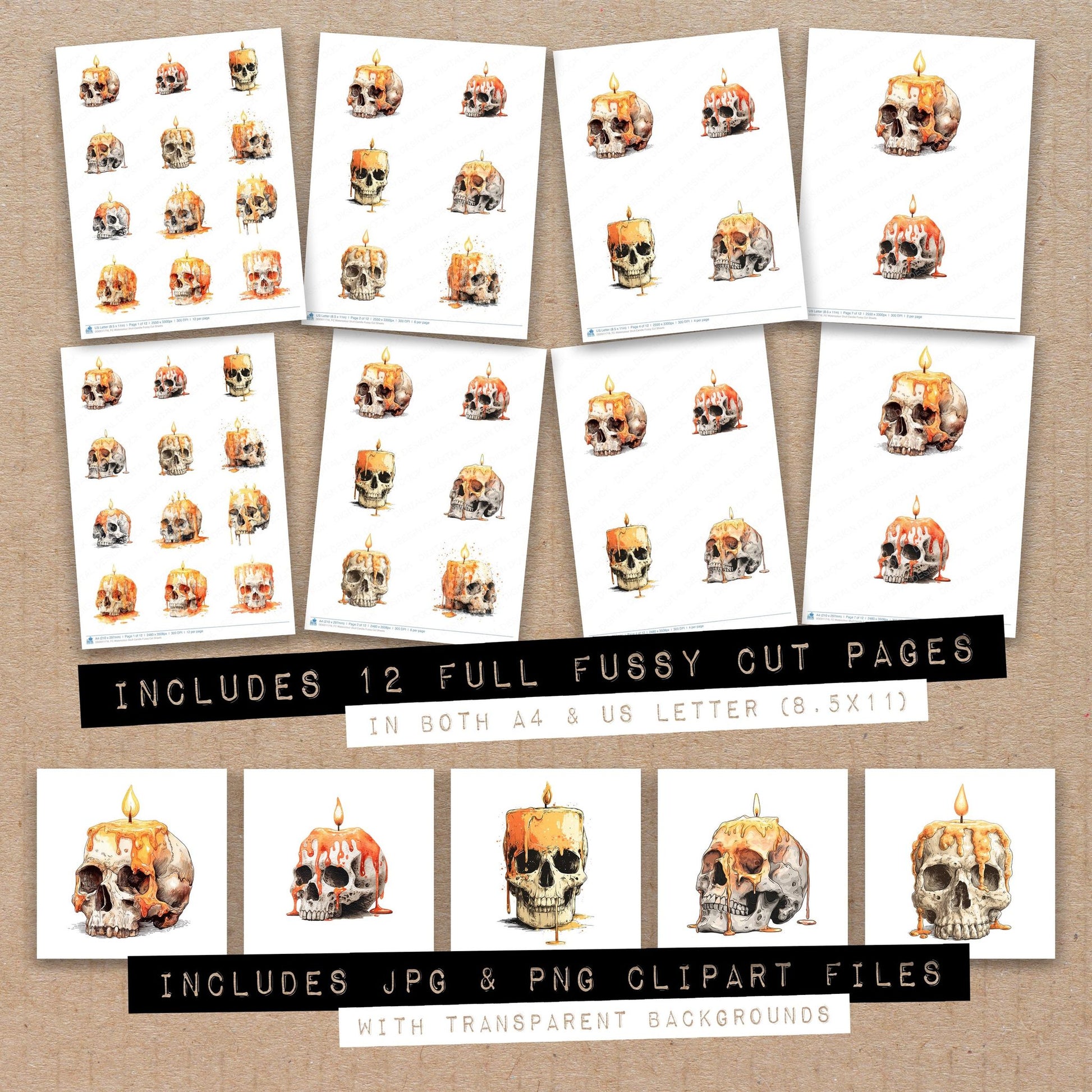 Full collection view of Watercolour Skull Candle fussy cut sheets with bonus clipart JPG and PNG files