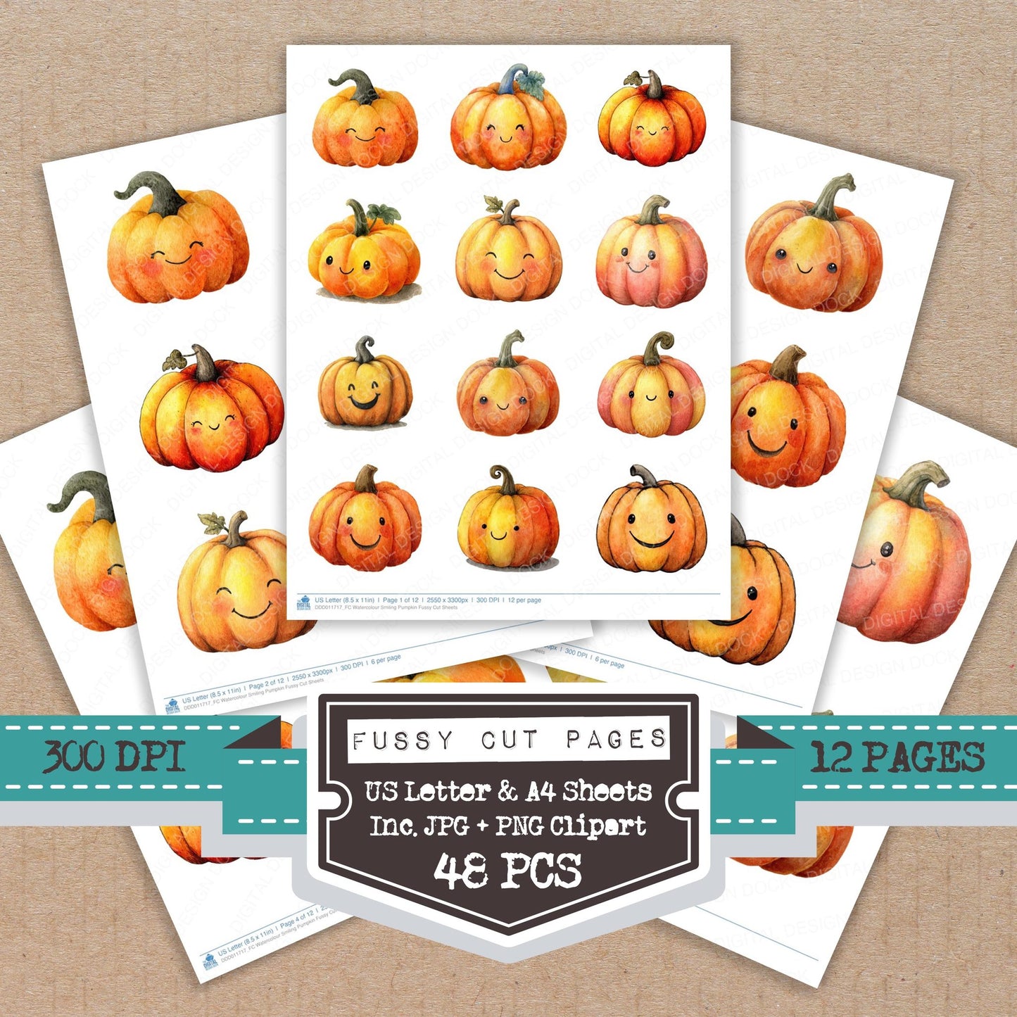 Watercolour Smiling Pumpkin fussy cut printable sheets for junk journaling, scrapbooking, and paper craft projects