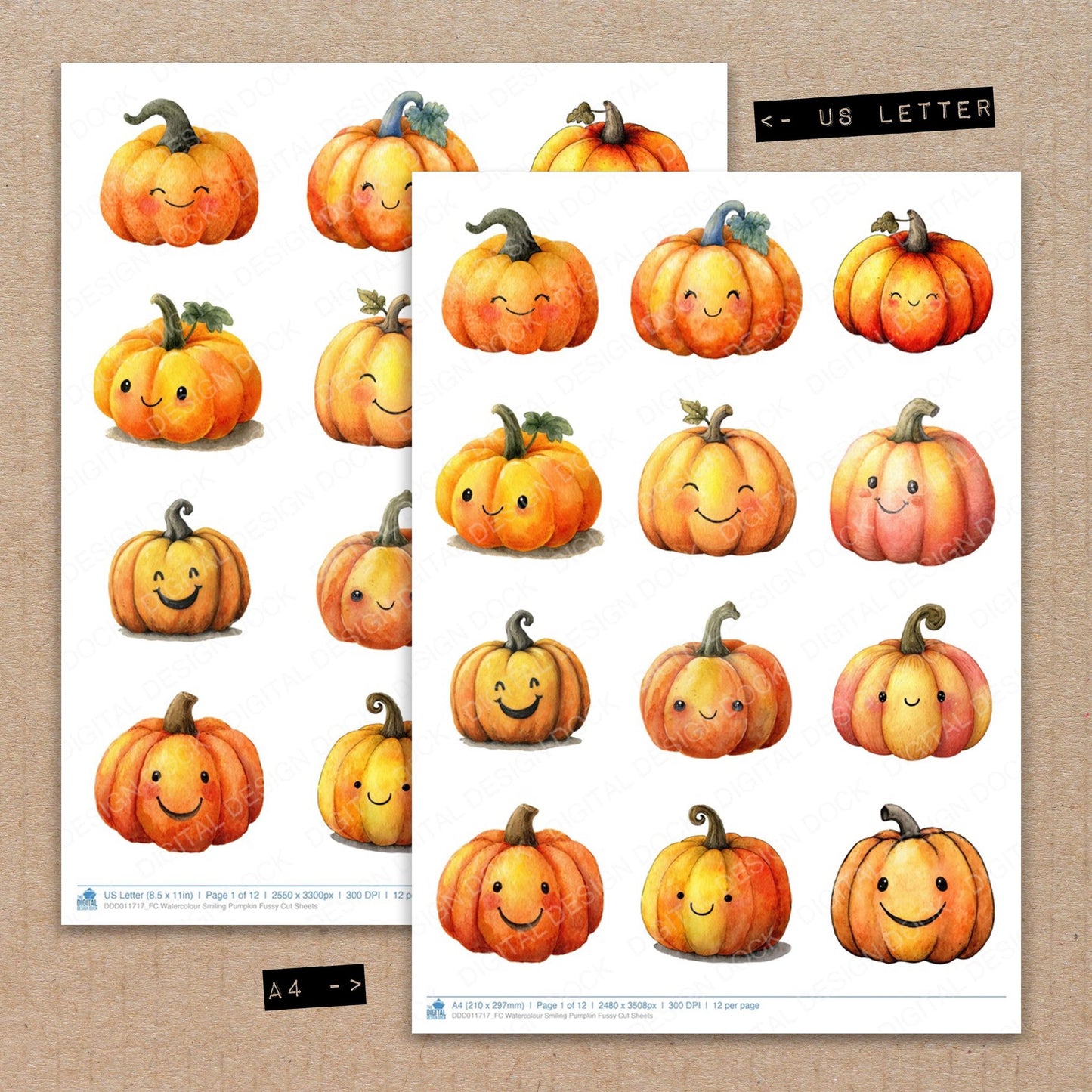 A4 and US Letter format comparison showing Watercolour Smiling Pumpkin fussy cut pages for print and cut crafting