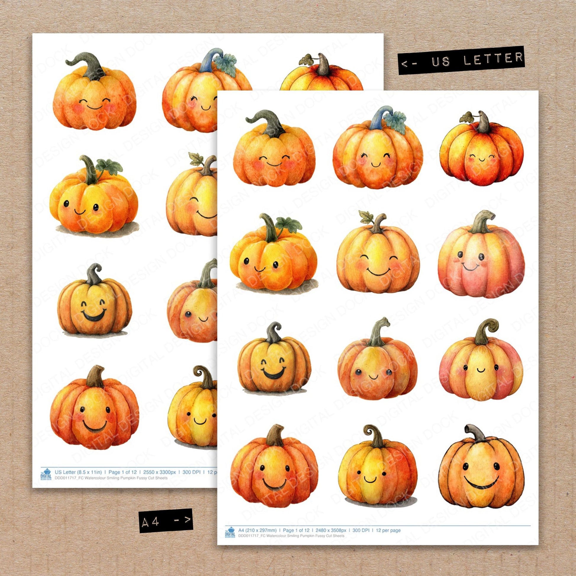 A4 and US Letter format comparison showing Watercolour Smiling Pumpkin fussy cut pages for print and cut crafting